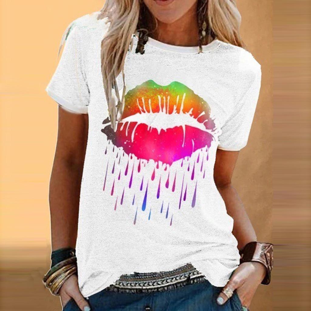 Fashion Women Casual Colorful Lip Print Short Sleeve  T-Shirt Blouses Tops
