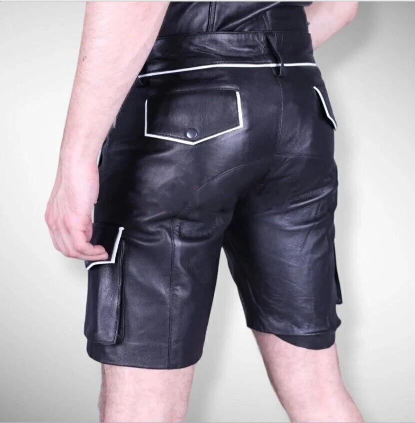 Stylish Shorts Pant Men's Black Leather Shorts Handmade Soft Sheepskin Cargo