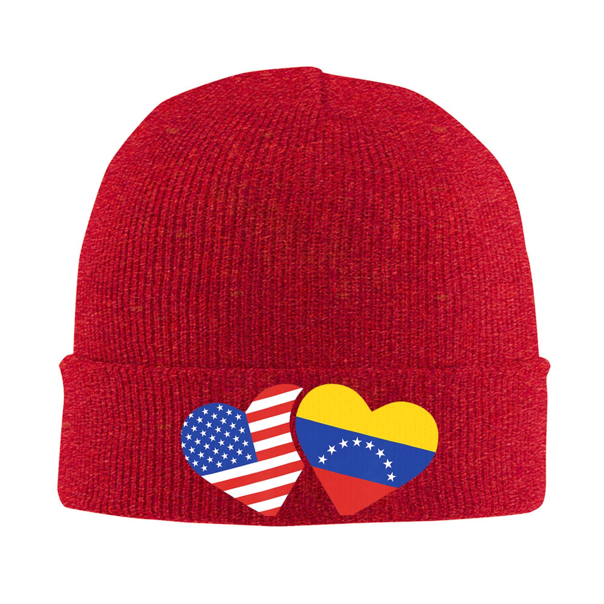Unisex USA Venezuela Flag Hearts Venezuelan American Love Beanie Hats Casual Knitted Hat Autumn Hippie Caps Warm Soft Bonnet Hats One Size