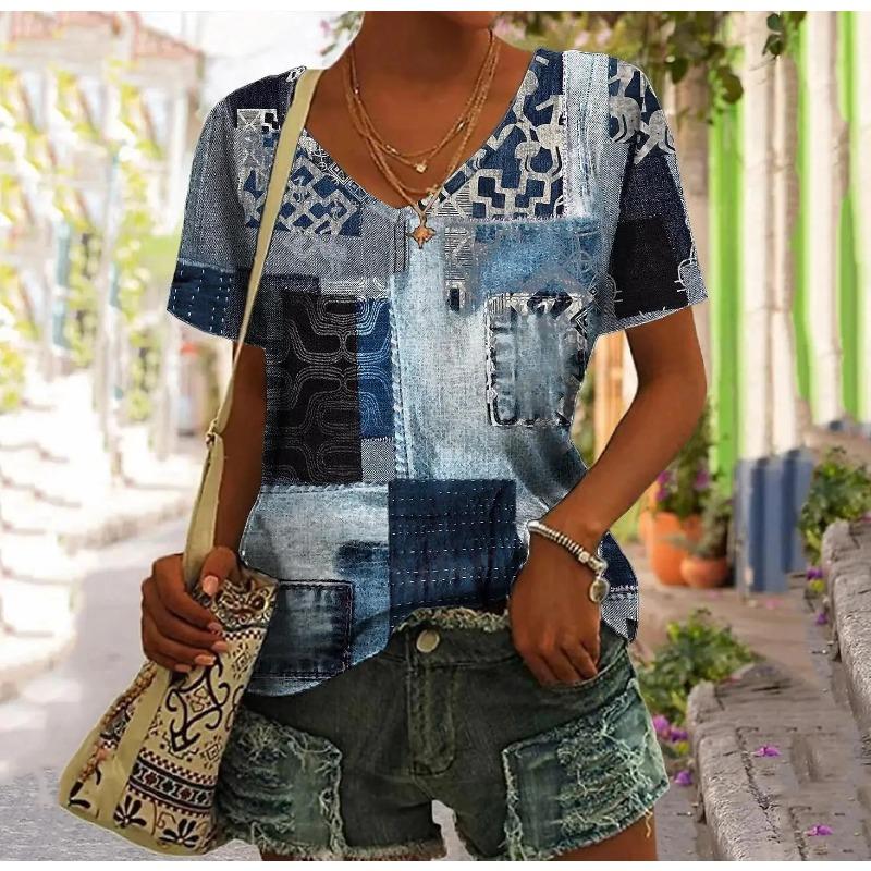 Summer V-neck 3D Retro Denim Plaid Printed Top Fashionable Casual Short Sleeved Women's T-shirts