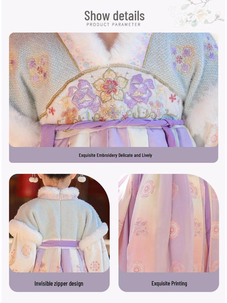 Girls' Winter Plush-Lined Hanfu Dress - Traditional Tang Suit Skirt for Autumn/Winter 2025 New Year
