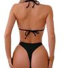Dámský černý perlový a kovový dekorovaný bikini set - Trojúhelníkový plavky s halter krkem