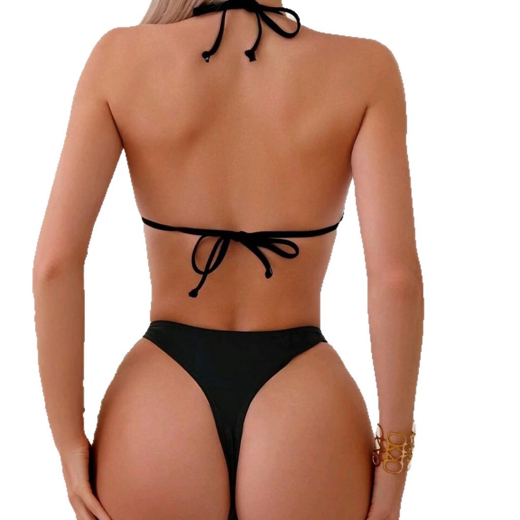 Dámský černý perlový a kovový dekorovaný bikini set - Trojúhelníkový plavky s halter krkem