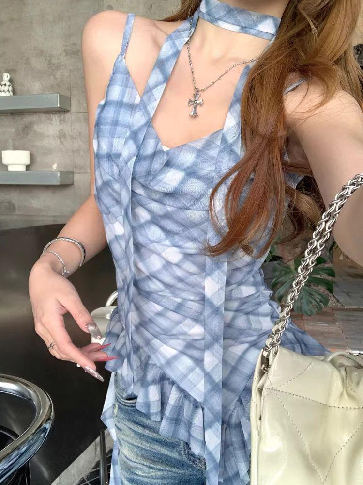 Korean Chic Plaid Camisole with Ruffles and Ribbons – Women's Sleeveless Summer Top