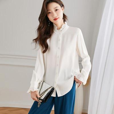 Women's Elegant 90% Silk Ruffle Long-Sleeve Shirt