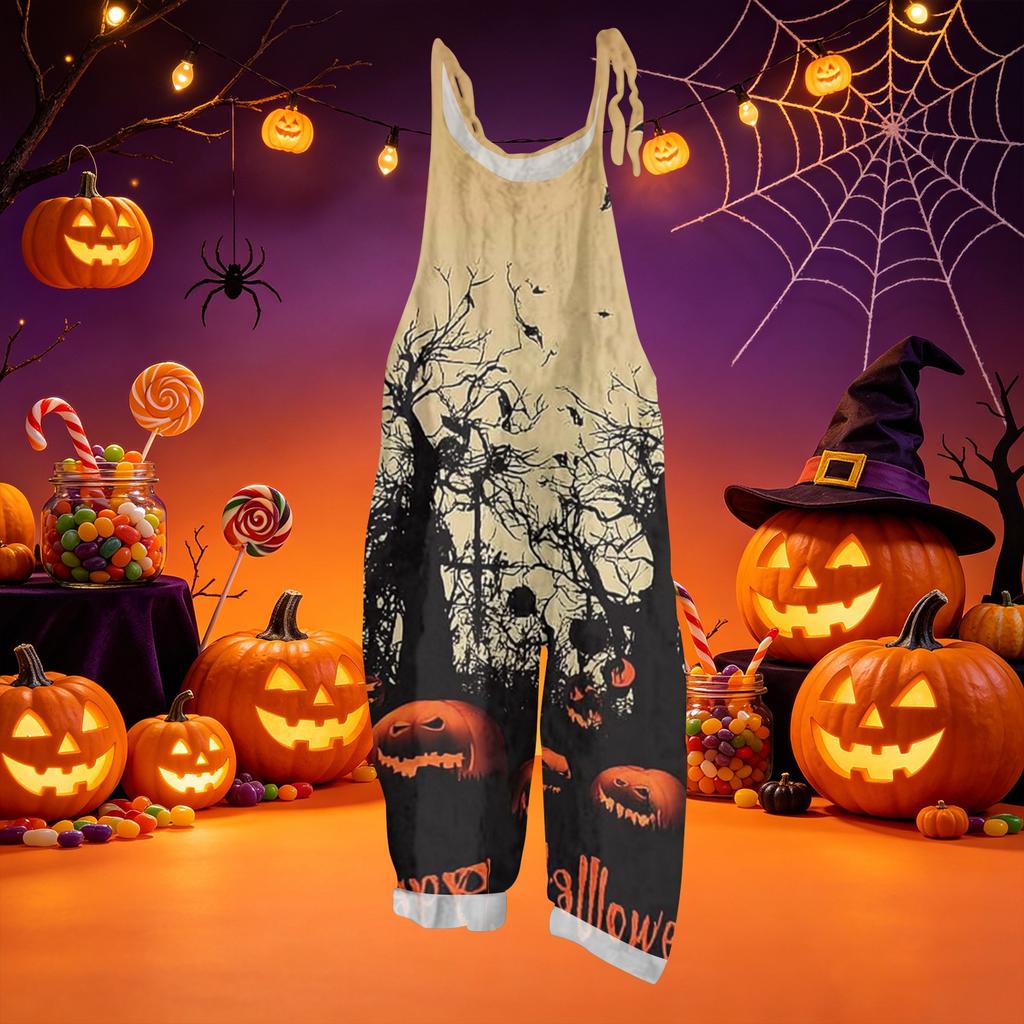 Loose Fit Halloween Print Cotton Linen Overalls Casual Vintage Style Sleeveless Jumpsuit Adjustable Shoulder Straps