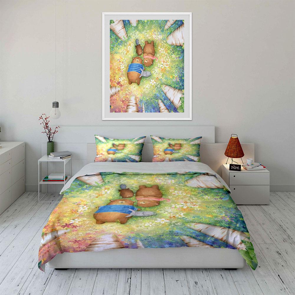 Cartoon Family Picnic Set Multiple Sizes Kid'S And Adults' Bedroom Exquisite 3Pc Bedding Set, Gift
