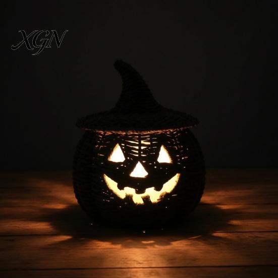 Seasonal Home Display Handwoven Pumpkin Basket with Witch Hat Lid, Rustic Wicker Trick Gothic Table Centerpiece or Treat Bucket for Indoor Outdoor
