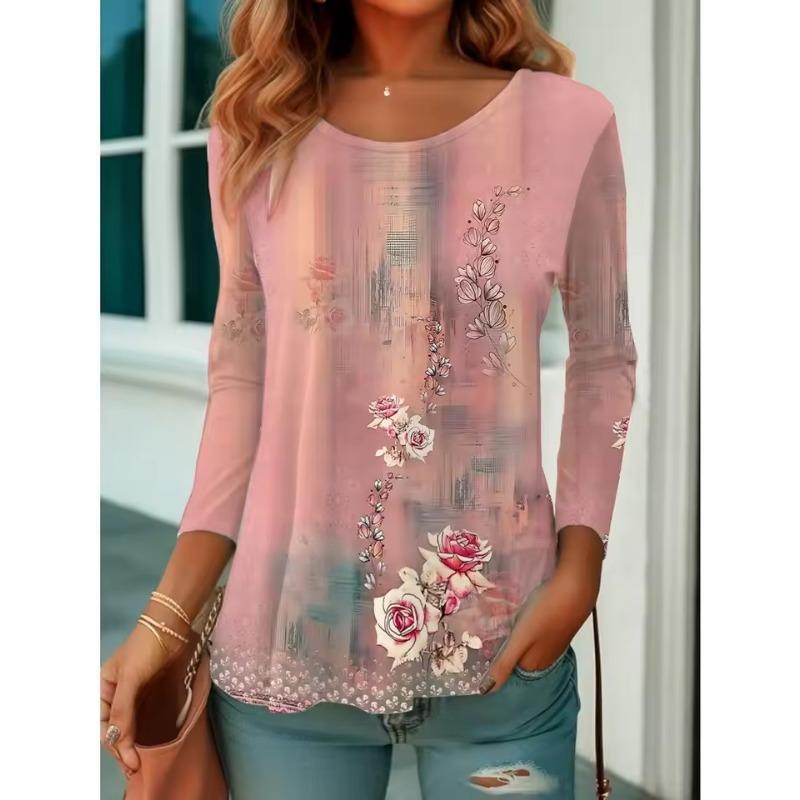 

Autumn Women s T Shirt Floral Graphics Print Tees Tops Long Sleeve Casual Tops Fashion Crew Neck Regular Fit Y2KClothing for Girls 5XL