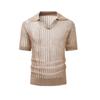 Men's Khaki Vertical Hollow Knit Polo Collar V Neck Short Sleeve Slim Fit T Shirt