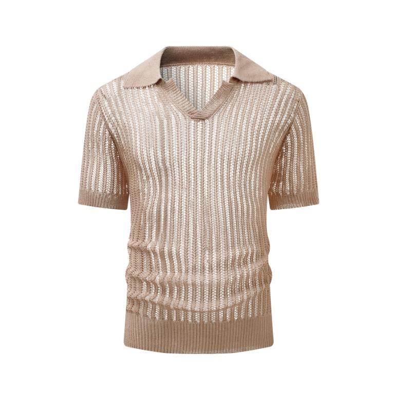 Men s Khaki Vertical Hollow Knit Polo Collar V Neck Short Sleeve Slim Fit T Shirt S