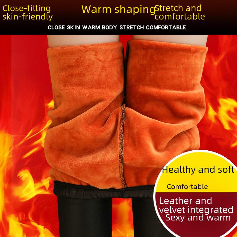 Women's Autumn/Winter Faux Leather & Velvet Warm Skinny Pants, Plus-Size, Elastic, Nine-Point Length