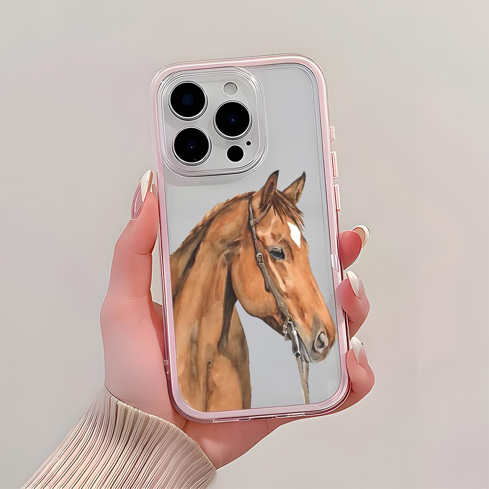 Retro Watercolor Horse Pattern Clear Phone Case For iPhone 17Air 16 15 14 13 12 11 Pro Max 14 Plus 2 In 1 Candy Color Soft Cover