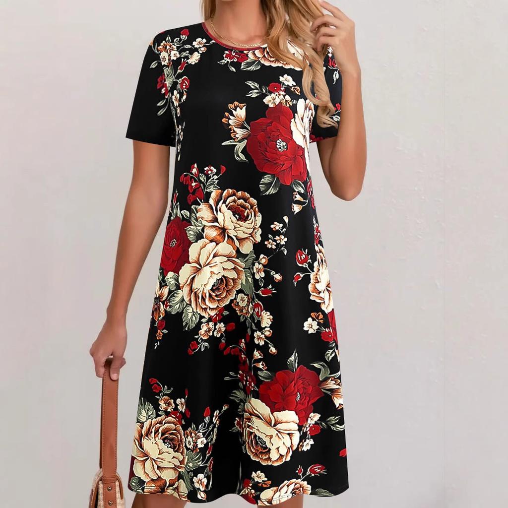 JKASHDK Damenmode Sommer Frühling Blumenmuster Druck Kurzarm O-Ausschnitt Lose Taille Freizeitkleider