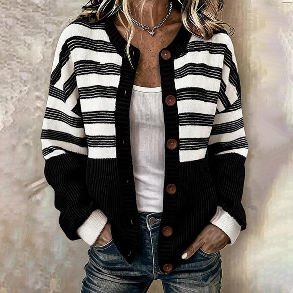 Women's Fashionable Striped Print Long Sleeve Knit Cardigan with Buttons