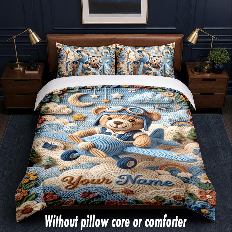 Teddy Bear Theme Custom Text Or Name 3Pcs Bedding Set,1 Flat Sheet & 2 Pillowcases Personalized Home Bedding