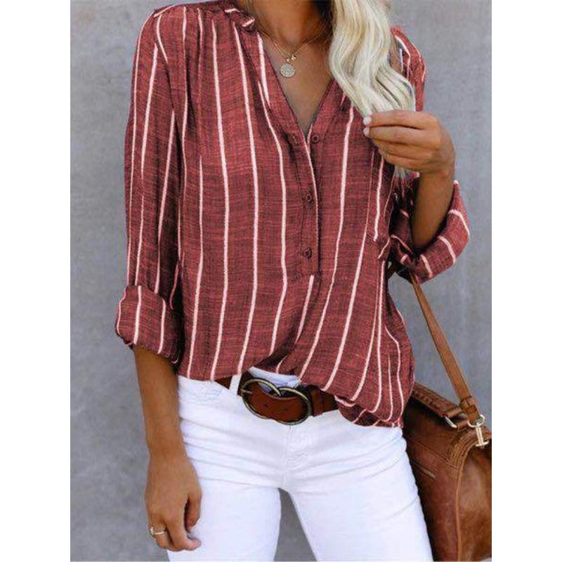 Damenhemd Frühling und Herbst Langarm Einfach Locker Lässig Bedruckte Gestreifte Hemden für Damen Stilvolle Elegante Büro Damenbluse