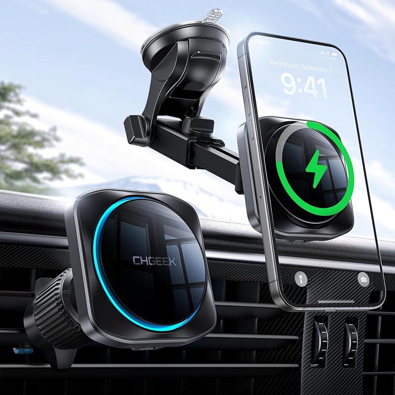 CHGeek for 15W Magsafe Car Mount Charger, Wireless Car Charger Magnetic Car Phone Holder Mount Fit iPhone 16 15 14 13 Magsafe Case, Upgraded Car Mount Charge