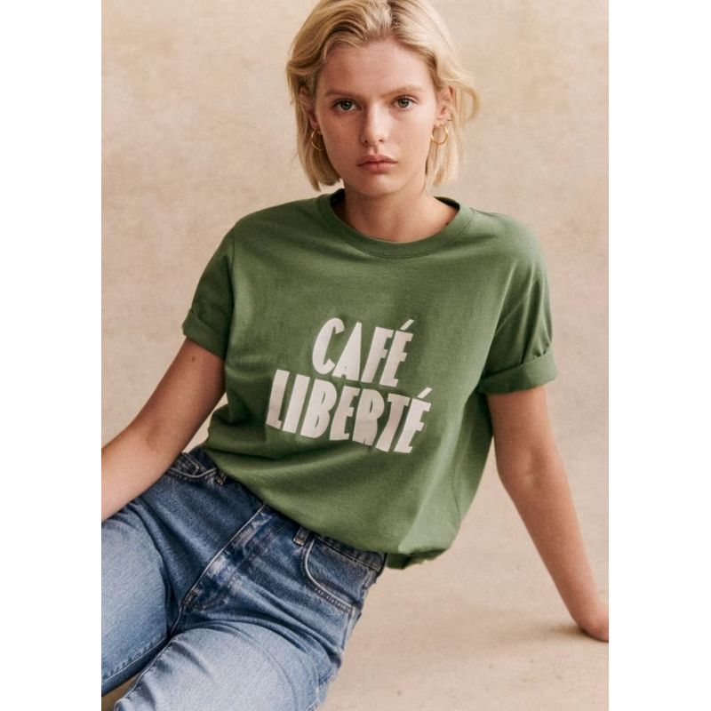 

[Discount Season] 24 Years New French Minority Cooperation Letter Print Green Organic Cotton Short Sleeve T-shirt Green (small amount of In Stock) 34