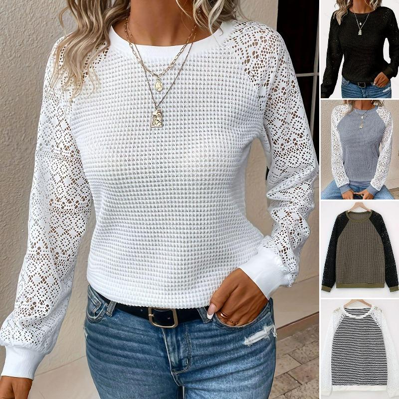 Women's Lace Top Crew Neck Long Sleeve Openwork Slim Fit Casual Blouse