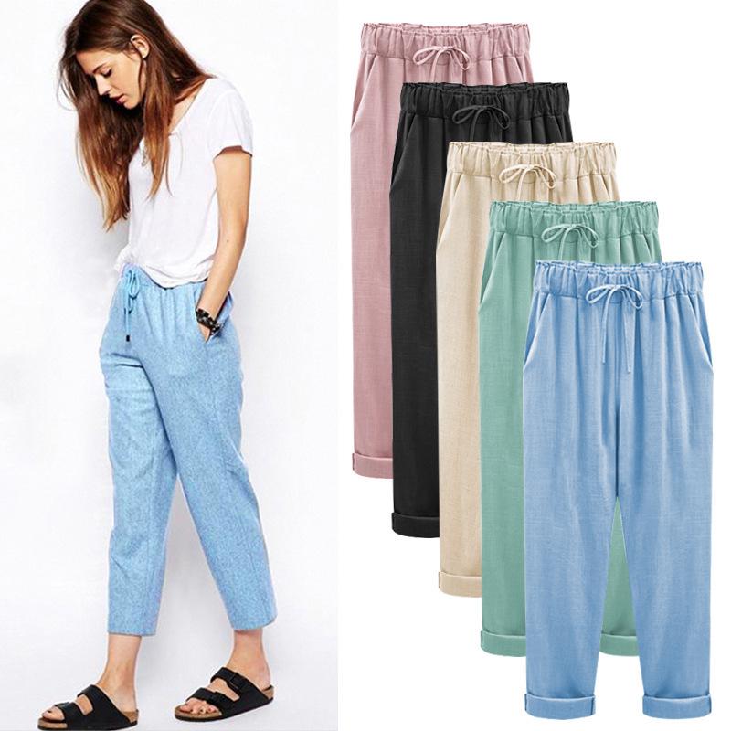 

Spring/Summer Plus Size Cotton Linen Women s Loose Nine-Point Pants for 200 lbs M