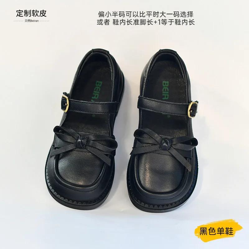 2026 Spring Children Genuine Leather Shoes Black White Toddler Girls Flat Shoes Fashion Bow Kids School Shoes Girl High Quality