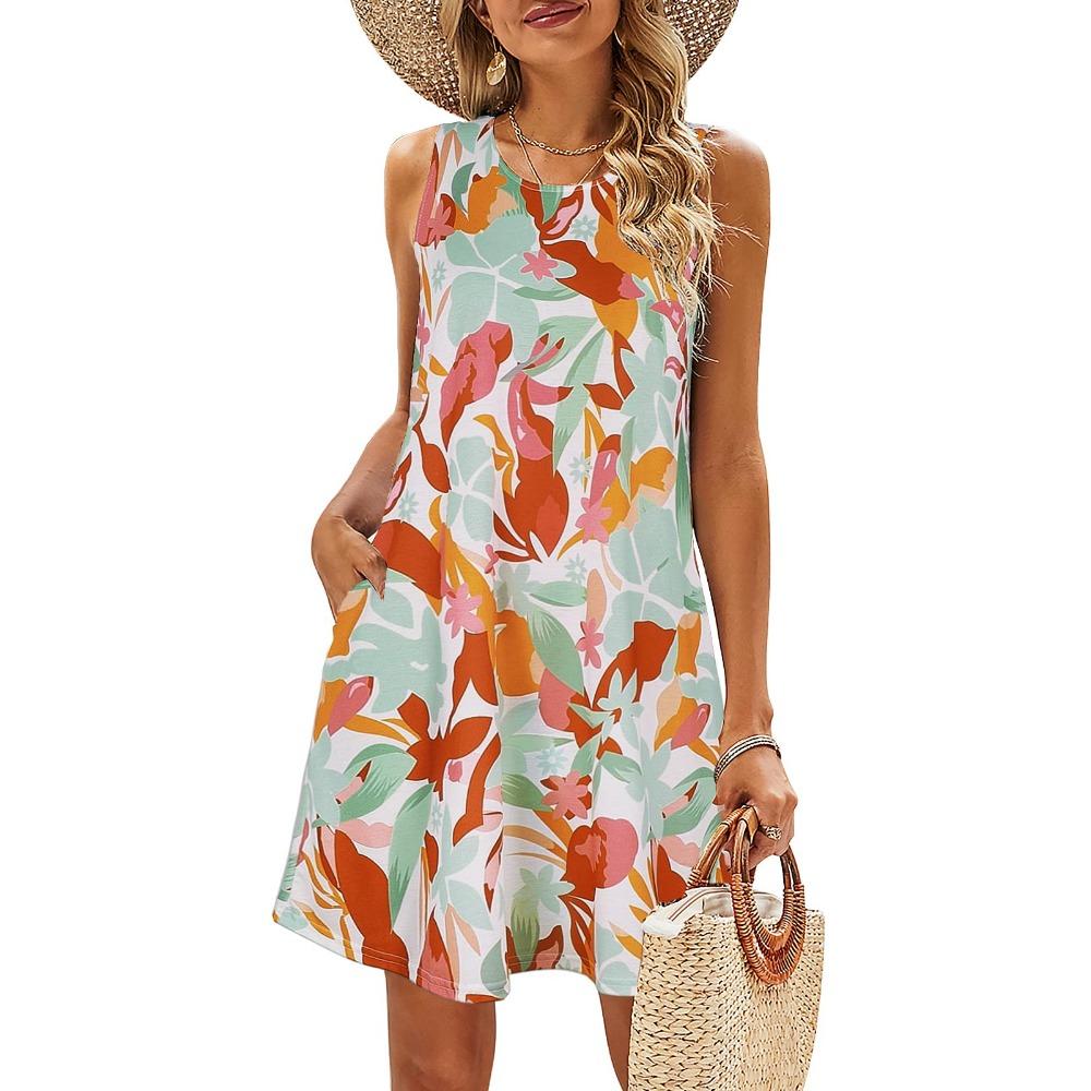 

Summer Women s Beach Dress Bohemian Style Sleeveless Fresh Floral T-shirt, Vest And Vest Dress Elegant Short Dress XL