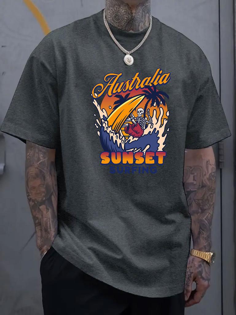 Skeleton Surfing Graphic Print Men's Luxury Cotton Short Sleeved T-shirt Summer Unisex Men's and Women's Street Fashion Clothing