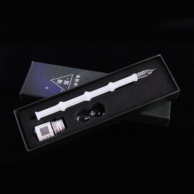 Bamboo Glass Dip Pen with Artistic Colored Ink Calligraphy Crystal Signature Pen for Drawing Writing Office School Supplies