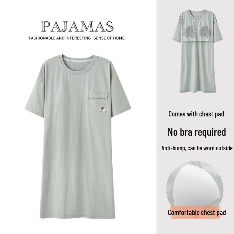 Women's Pure Cotton Loose Mid-Length Nightgown with Bra Pads – Comfortable Anti-Exposure Pajamas for Spring, Suitable for Home or Outdoor Wear.