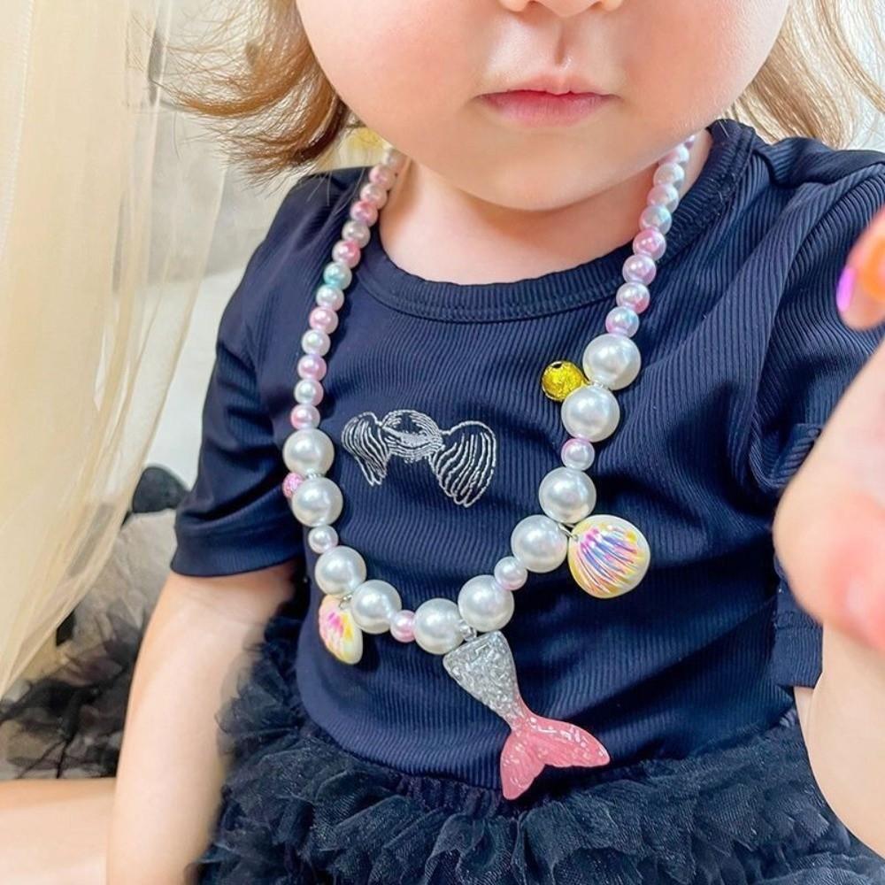 Seashell Pearl Beaded Necklace Hand Chain Ring Sweet Style Princess Jewelry Set Dress Up
