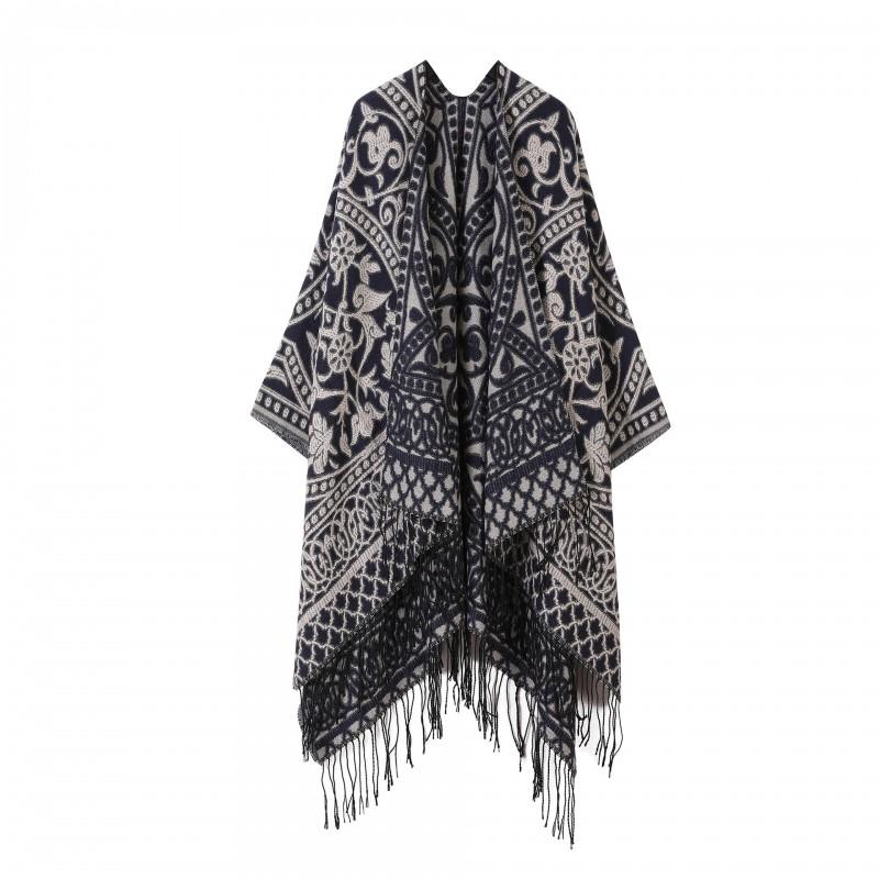Women Men Knitted Shawl With Tassels Floral Warm Faux Cashmere Wrap Scarf Winter