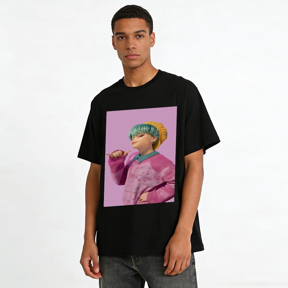 Cool Anime Character Print Top Loose Casual Tie-Dye Pink Purple Long Sleeve Unisex Trendy Shirt Pure cotton T-shirt