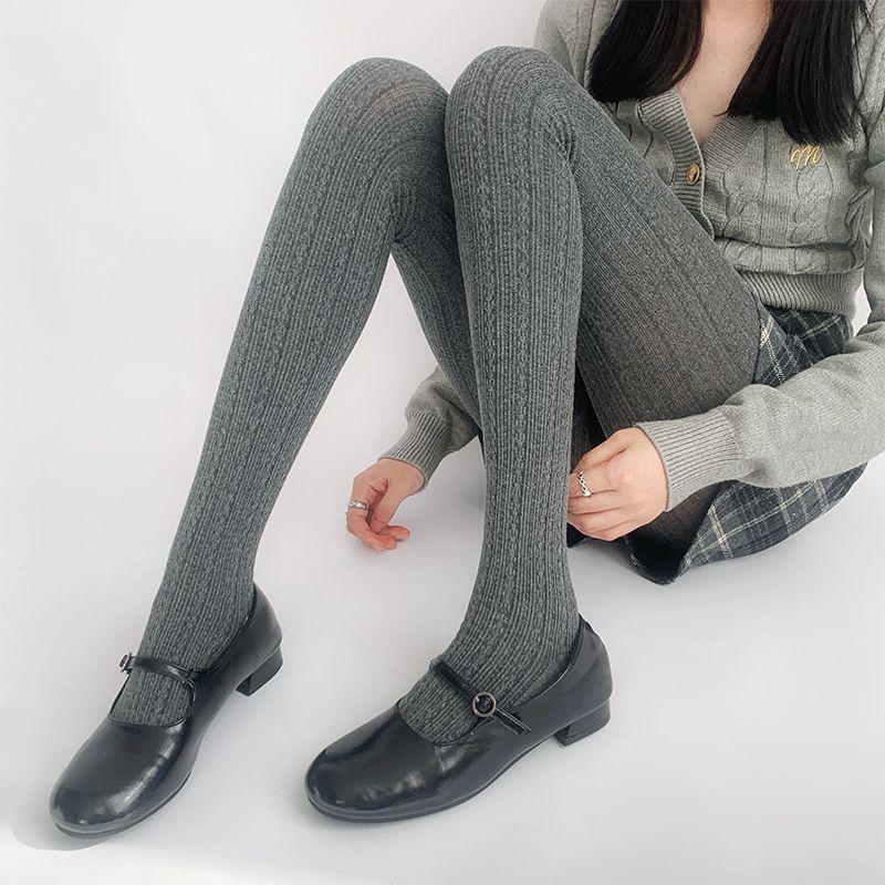 Girls' Retro Cable Knit Gray Tights - Thickened Autumn/Winter JK Style Socks with White Base Layer.