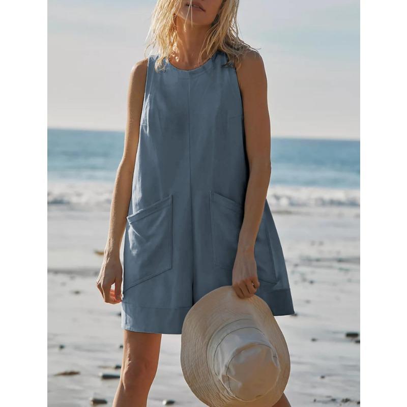 

Повседневный комбинезон, летние свободные женские шорты с карманами без рукавов темно-синий