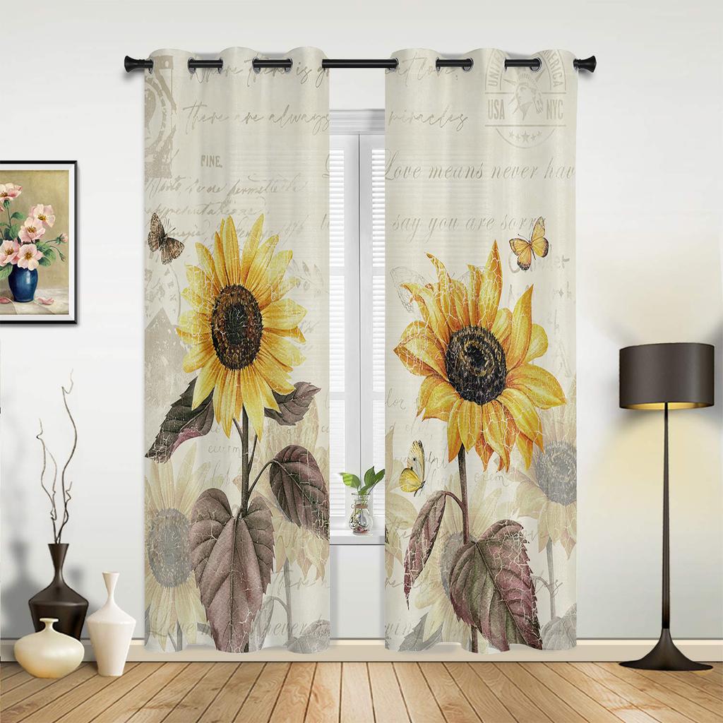 Vintage Flowers Butterflies Yellow Sunflower Modern Window Curtains for Living Room Bedroom Curtain Kitchen Blinds Drapes