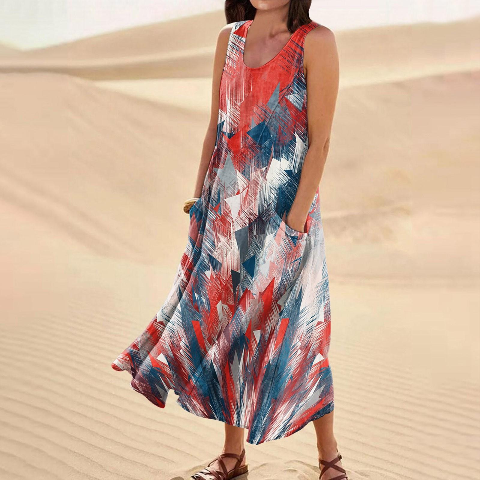 

Женское летнее свободное свободное платье с круглым вырезом и цветочным принтом без рукавов, большое свободное платье с карманами M красный