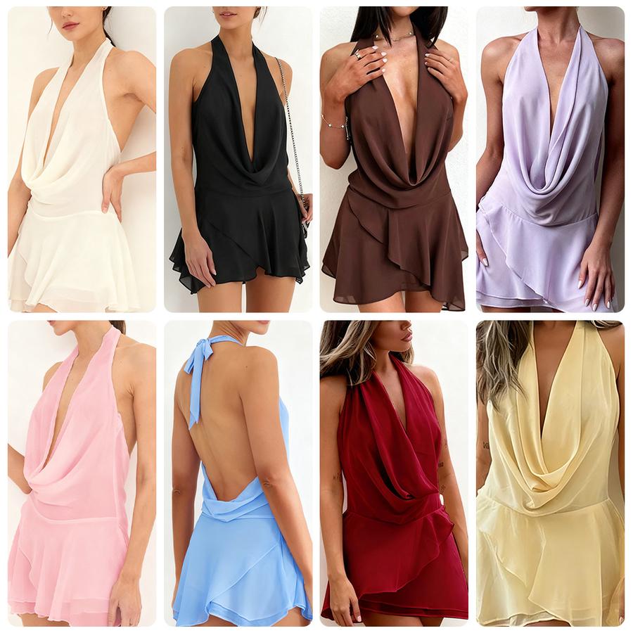 Rochie Mini Satinată Transparentă cu Gât Halter și Decolteu Adânc, Stil Nou Toamnă Iarnă, Culoare Uni, Fără Mâneci, Fustă Mini