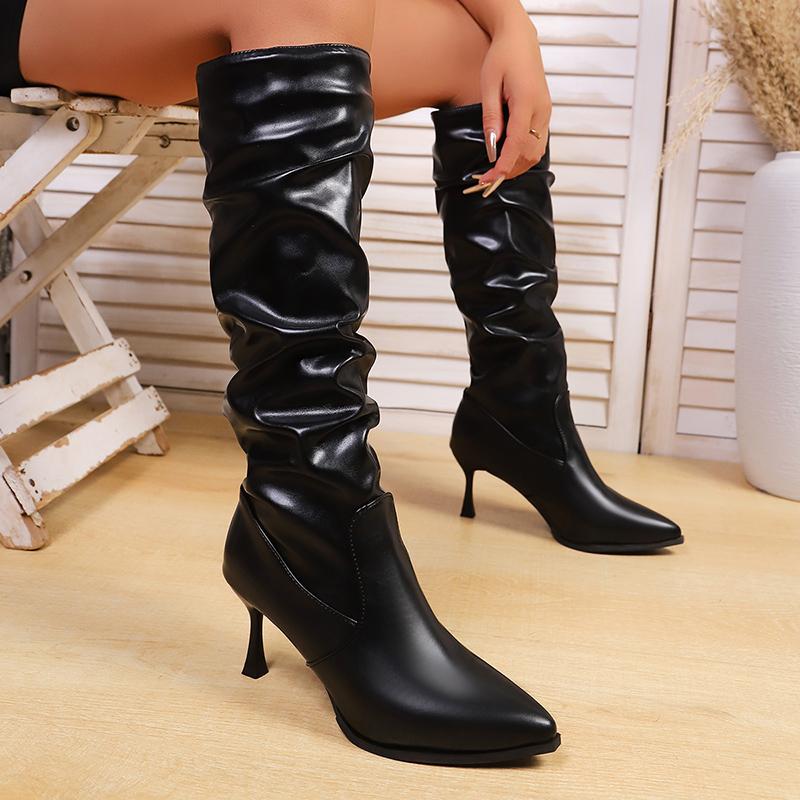 Stiletto Heel Knee High Boots Women Plus Size 34-42 Pleated Pu Leather Long Boots Woman Sexy Pointed Toe High Heel Botas