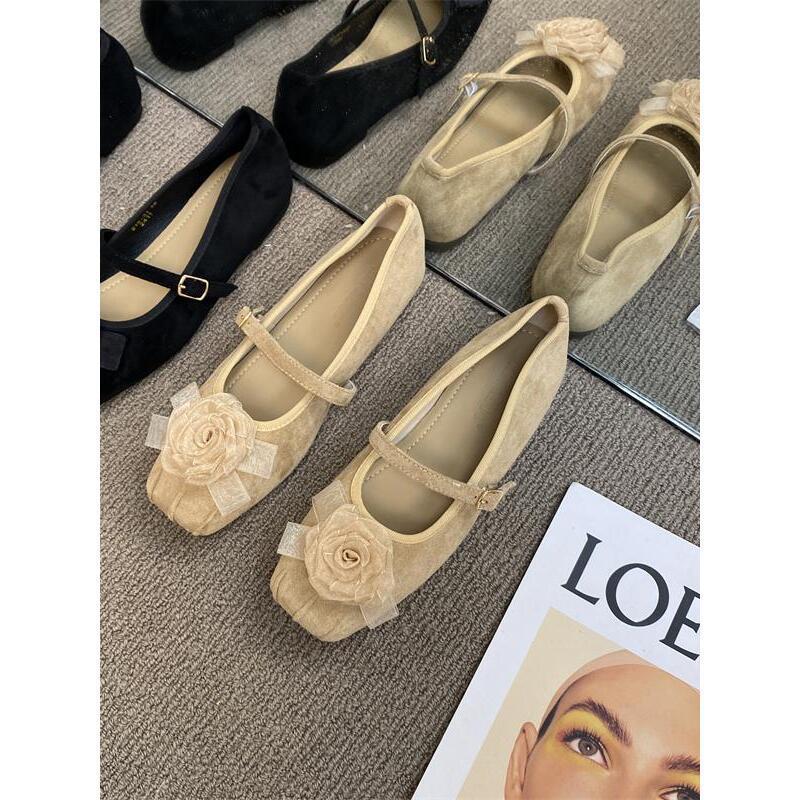 Nana's 2025 French Gentle Flat-bottomed Flower Ballet Single Shoes Women's Retro One-word Buckle Mary Jane Small Leather Shoes