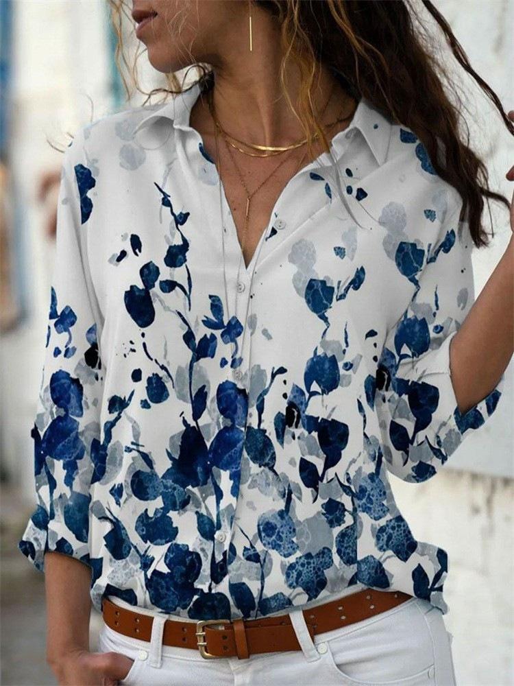 Manufacturer 1116 New Fashion Small Flower Printing Lapel Long Sleeve Shirt Women