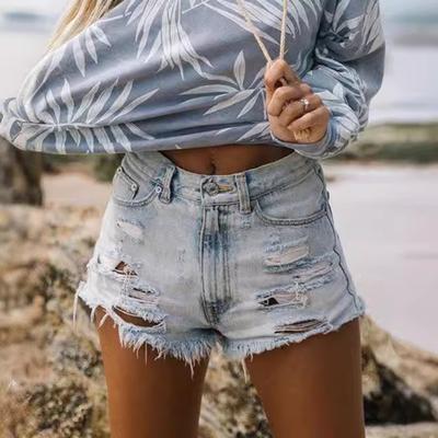 Nye Dame Denim Shorts med Høj Talje, Rifter og Frynser