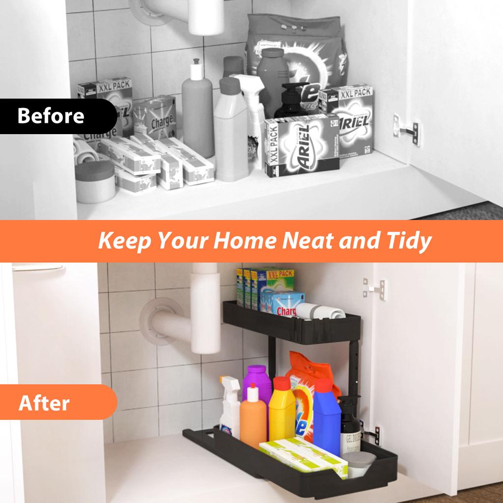 Adjustable Height Under Sink Organizers and Storage, Pull Out Cabinet Organizer 2 Tier Slide Out Shelf Under Cabinet Storage, Under Sink Organize