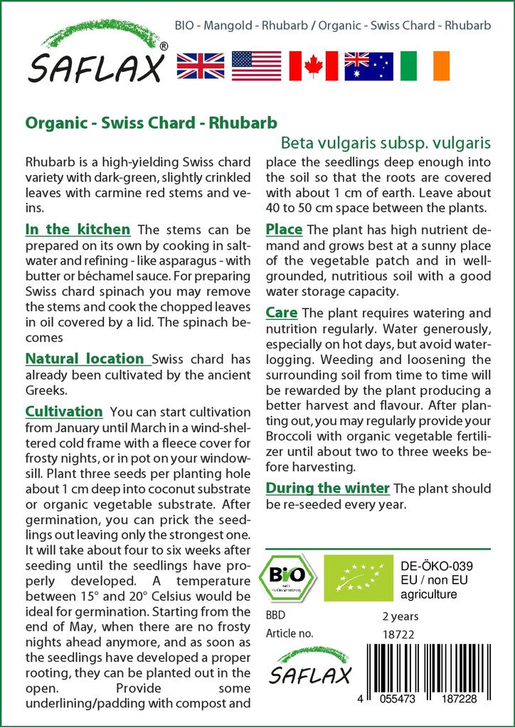 SAFLAX Garden In the Bag - Organic - Swiss Chard - Rhubarb - 50 Seeds - With Substrate In a Fitting Stand Up Bag - Beta Vulgaris
