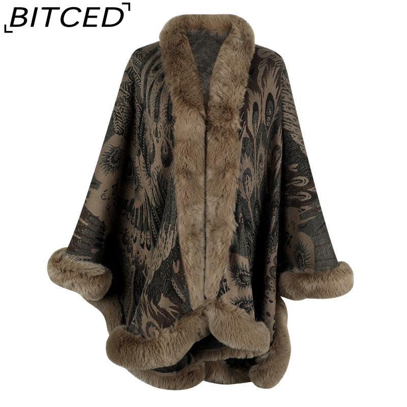 BITCED Autumn/Winter Peacock Flower Knitted Cape for Women - Thickened Warmth Shawl