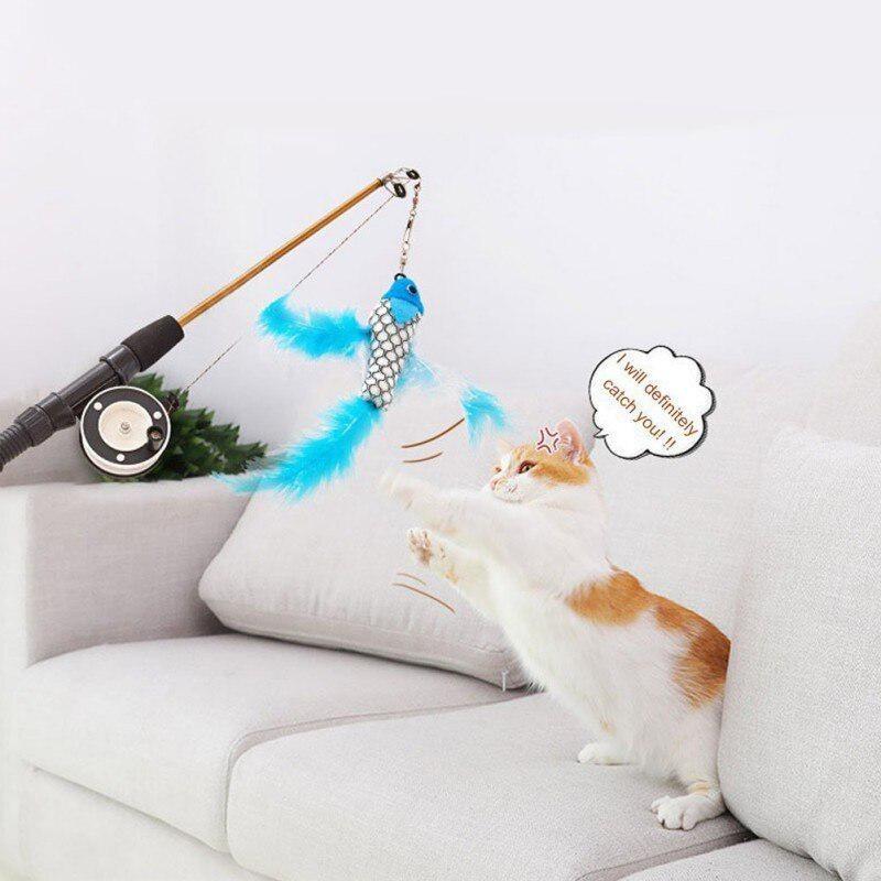 Cat Toys Fish Shape Telescopic Feathers Cat Stick Simulation Fishing Rod Kitten Funny Playing Toy Cat Interactive Wand Toy