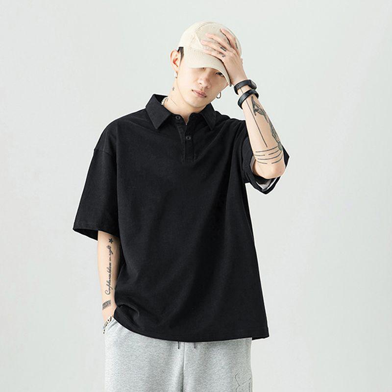 Turn-down Collar Short Sleeve Polo Shirt for Men Loose Fit Trendy Brand Solid Color Plus Size T-shirt Men's Casual American Style Half Sleeve Top