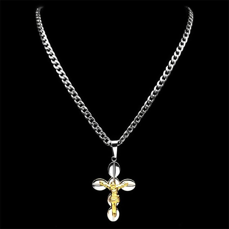 Catholic Jesus Cross Crucifix Pendant Necklace for Women Men Stainless Steel Gold Color Christ Amulet Chain Jewelry Party Gift