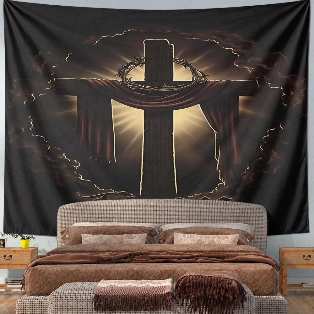 John 3:16 Cross with Crown of Thorns Pattern Wall Hanging Tapestry Decorative Tapestry Home Decor for Bedroom and Living Room