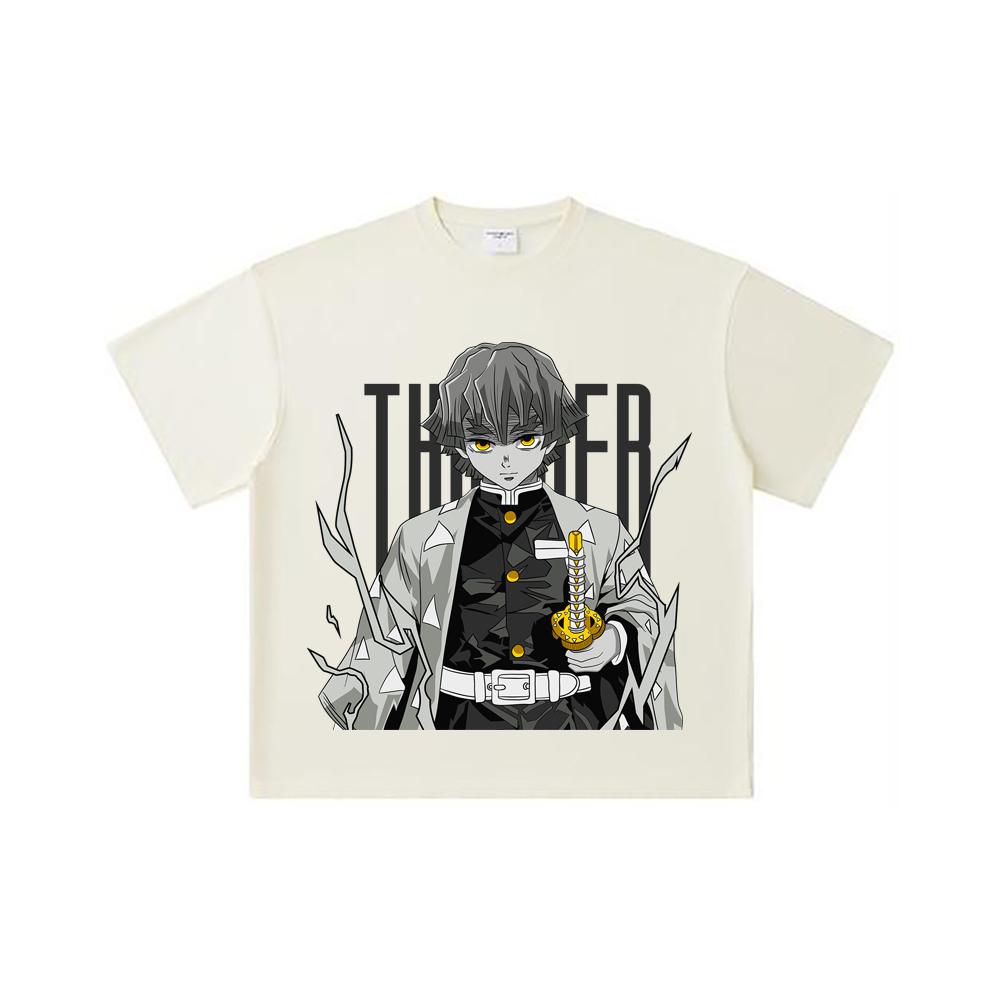 

260 GSM Double Yarn 32 Count 100% Cotton Demon Slayer V67 Zenitsu Print Unisex Heavy Cotton T Shirt S абрикосовый